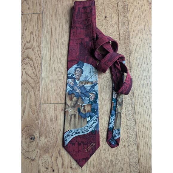 Norman Rockwell Other - Vtg Norman Rockwell Necktie Burgundy Christmas Carolers Silk Saturday Eve Post